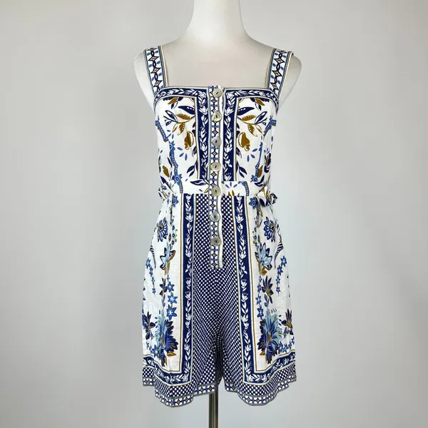 NWOT Farm Rio Linen Blend Floral Print Romper Blue Size S - Image 3