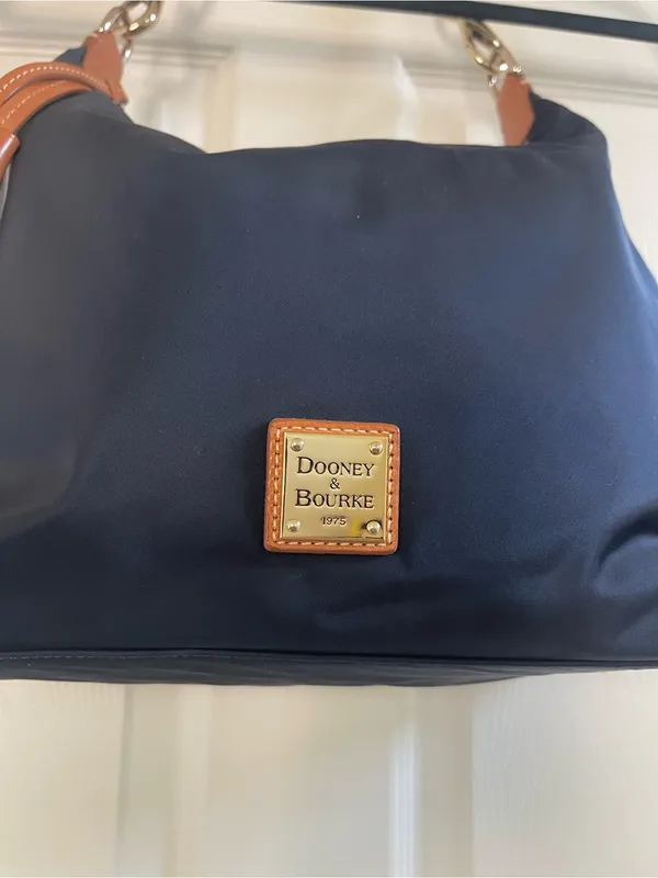 Dooney & Bourke Navy Blue Nylon Hobo Shoulder Bag W/ Brown Leather Trim Tassel - Image 2