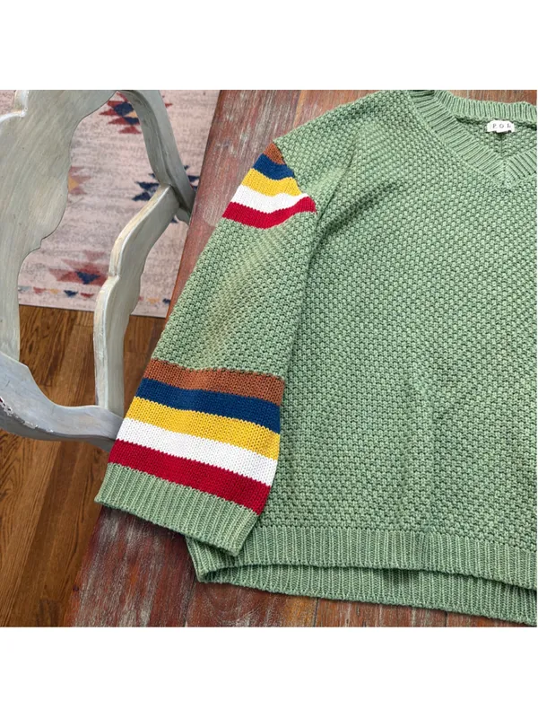POL Sage Green Chunky Knit V-Neck Sweater Rainbow Stripe Sleeves Pocket M - Image 3