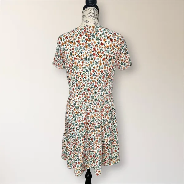 ZARA M Cream Floral Ribbed Knit Tiered Mini Dress Short Sleeve Cottagecore‎ Boho - Image 4