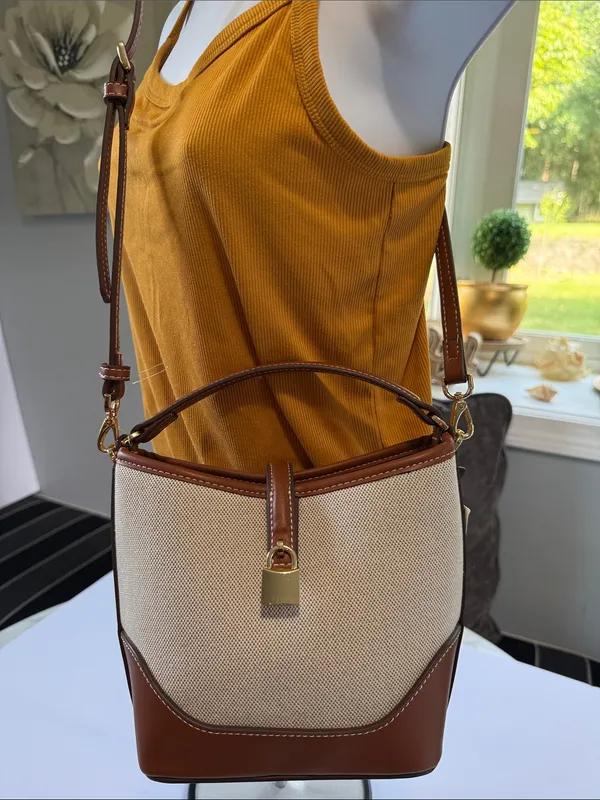 Mango Two-Tone Cream and Brown Crossbody Bucket Bag - Image 3