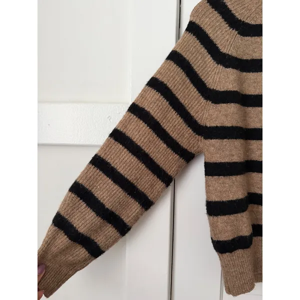 Mango MNG Striped Raglan Knit Sweater Camel Black Crew Neck Relaxed Fit XS - Image 15