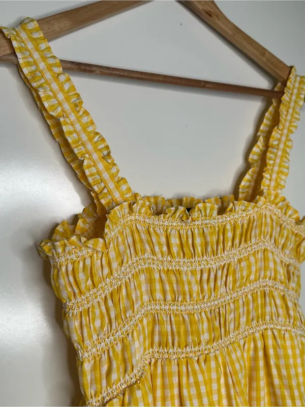 French Connection Yellow Gingham Smocked Midi Dress Size 6 - Image 6