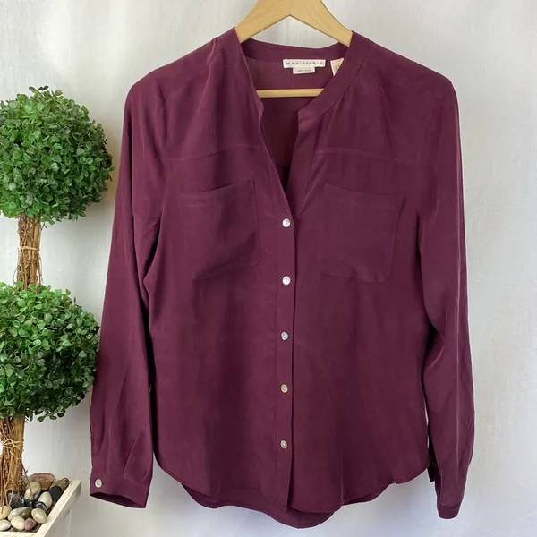 100% Silk Max Studio Burgundy Button Close Long Sleeve Colarless Blouse Top M - Image 2