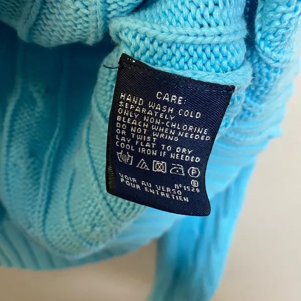 100% Cotton Ralph Lauren Sport Cable Knit Sweater Large Blue Orange Pony V Neck - Image 5