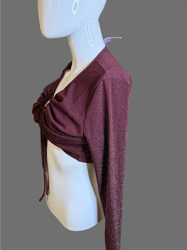 Savage X Fenty Sparkle Tie-Front Crop Top - Burgundy - Image 4