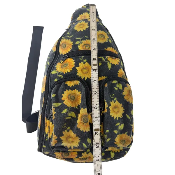 Sunflower Canvas Sling Backpack Black Yellow Floral Crossbody Shoulder Bag - Image 3