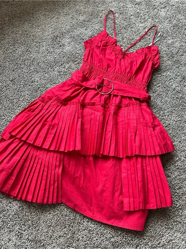 Nordstrom Hot Pink Tiered Pleated Mini Dress with Belt - Image 2