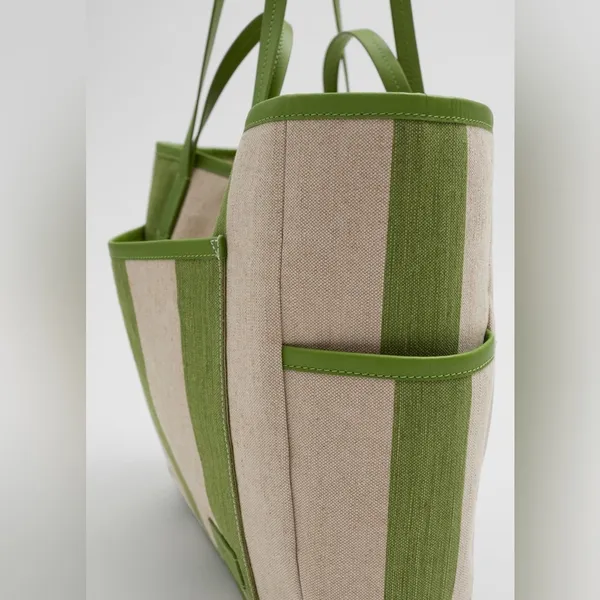 NWT & OTHER STORIES Green Canvas Leather Trim Large Tote Bag - Image 4
