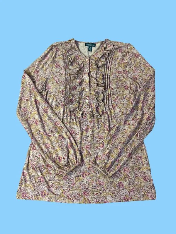 Lauren Ralph Lauren Womens M Paisley Floral Ruffle Blouse 100% Cotton Used - Image 3