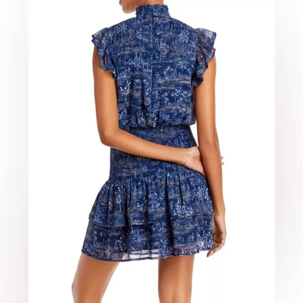 AQUA Smocked Mock Neck Mini Dress M Blue Smocked Tiered Ruffle Fairy Whimsigoth - Image 2