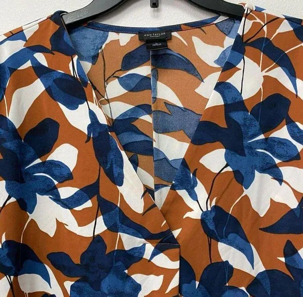 Ann Taylor Factory Women Rusty Orange White Blue Floral Blouse Long Sleeve Sz L - Image 6