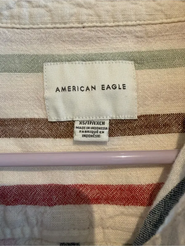 American Eagle Outfitters Striped Button-Down Shirt in Cream, Red & Blue - Image 3