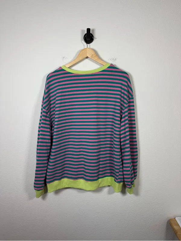 Pink Teal Striped Cotton Blend Crewneck Sweatshirt Size M - Image 4