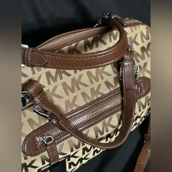 Michael Kors Calista Brown & Tan Logo Satchel Bag Purse - Image 6