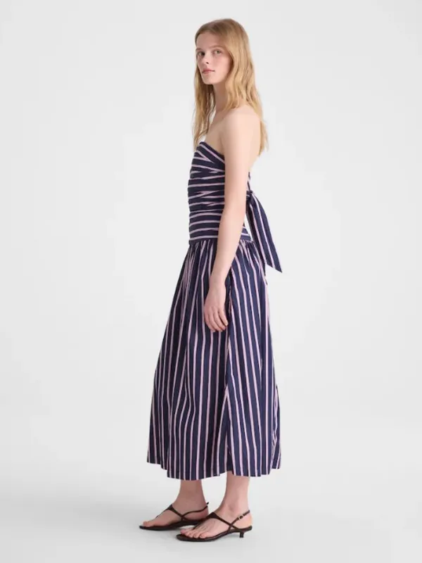 Madewell Strapless Ruched Midi Dress Poplin Striped‎ 100% Cotton Indigo Size 10 - Image 2