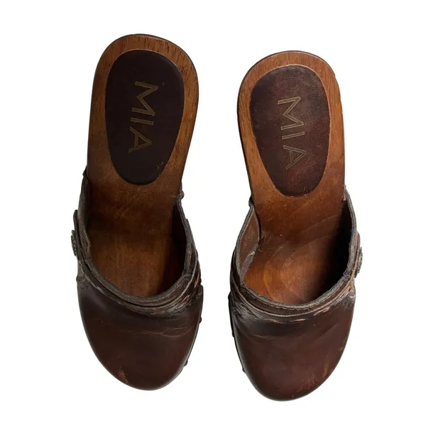 MIA Brown Leather Clogs Womens 7 Braided Studded Wood Platform Boho 70s - Image 10