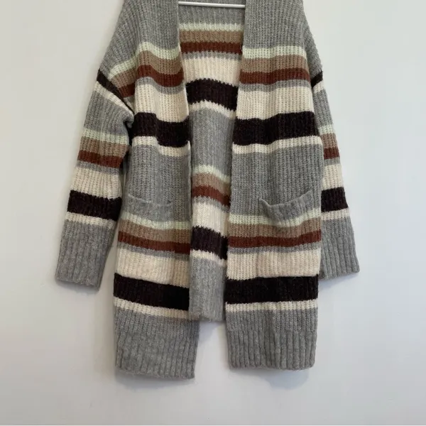 A NEW DAY Striped Open Front Cardigan Gray Cream Tan Brown Long Heavy Sweater M - Image 4