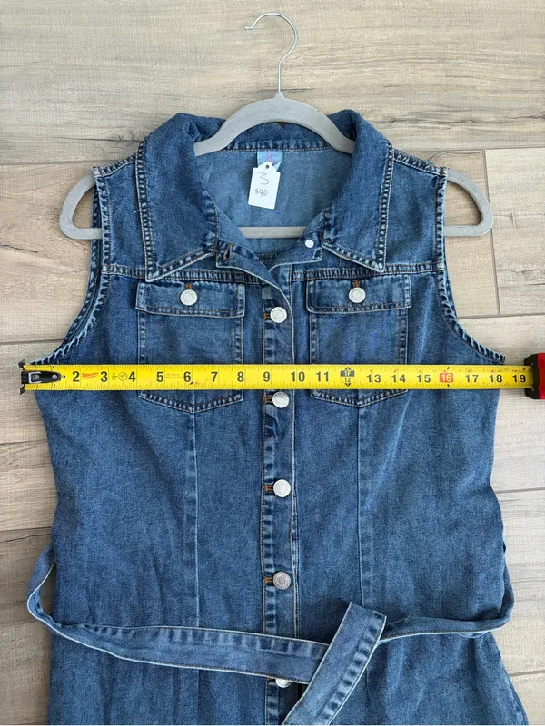 Like Love Blue Denim Button Down Tie Waist Sleeveless Cotton Knee Length Dress S - Image 5