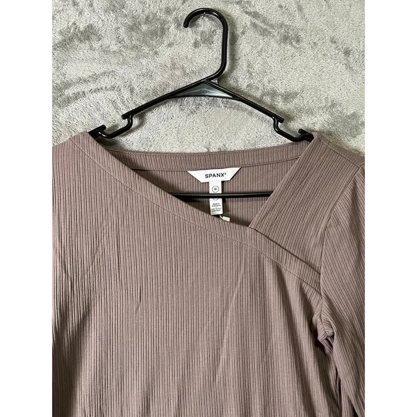 SPANX Rib Asymmetrical Neck Top Smoke Taupe Elevated Basics Capsule Wardrobe New - Image 2