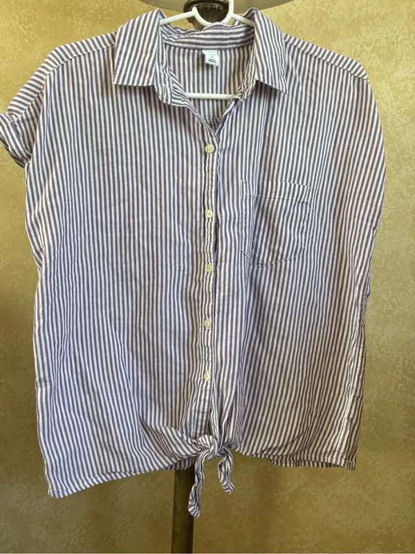 Old Navy Lavender & White Striped Button-Front Tie Blouse - Image 2