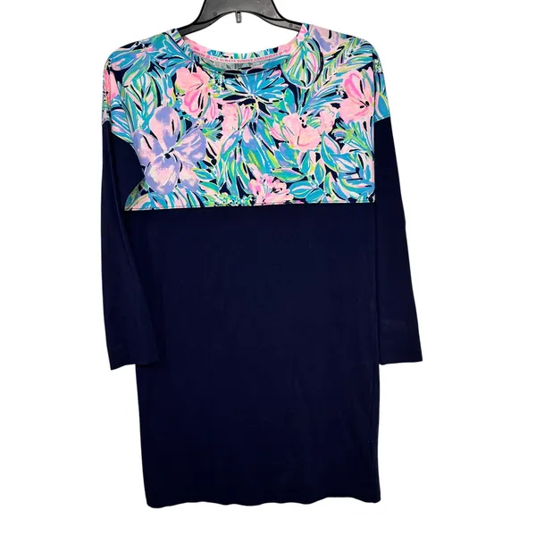 Lilly Pulitzer‎ Etta Dress Navy Blue Floral Pima Cotton Long Sleeve Shift Small - Image 8