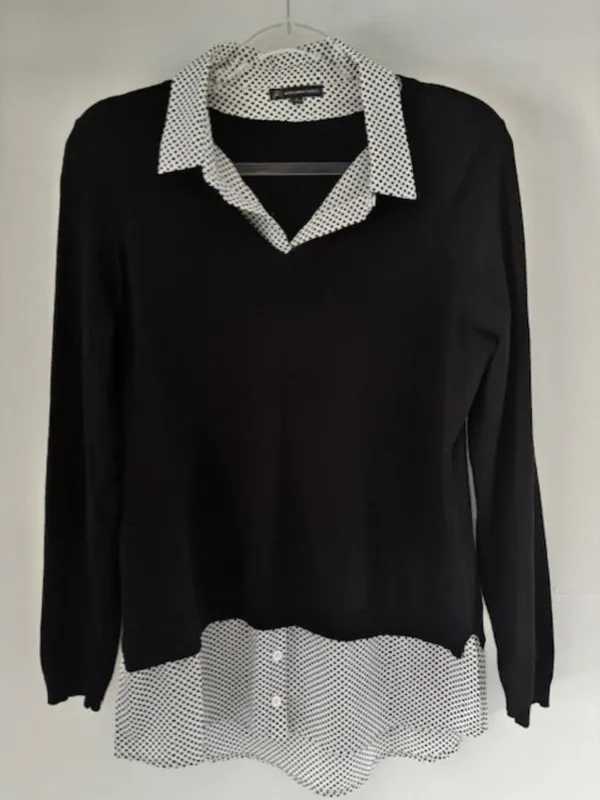 Adrianna Papell Women’s M Black Layered Look Polka Dot Collared Sweater Top - Image 3