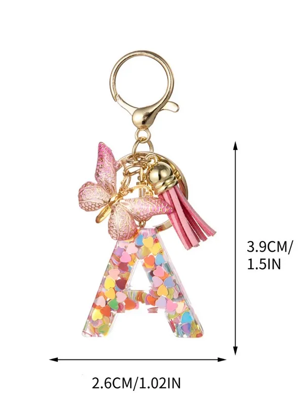 Yika Letter A Initial Keychain Resin Charm w/ Butterfly Tassel Pendant Pink NWOT - Image 2