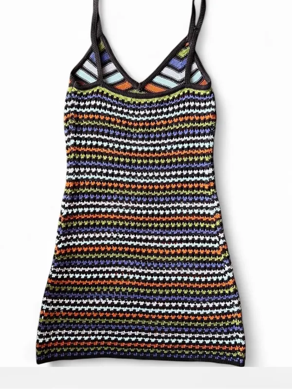 Boho Crochet Knit Mini Dress Striped Festival Y2K Indie Size M - Image 6