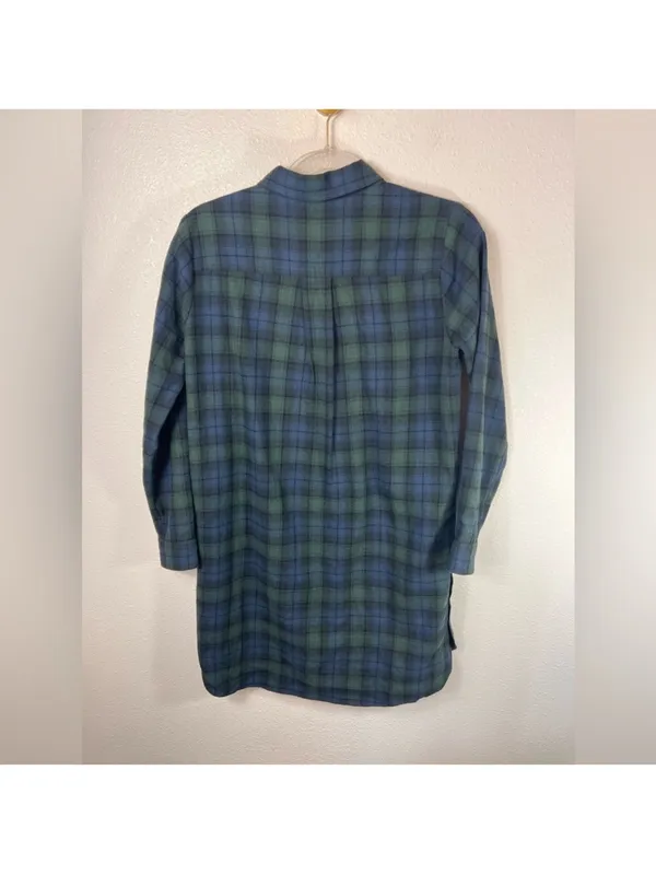 Madewell Navy and Green Plaid Flannel Mini Shirt Dress - Image 3