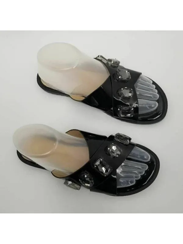 Womens Stone Jeweled Slip On Flat Slide Sandals Rhinestones Black Size 38 - Image 11