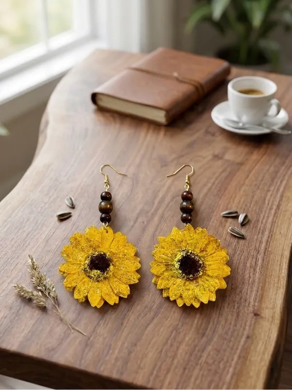 Handmade Handcrafted Boho Glitter Sunflower Dangle Earrings | Wood Bead Accents NEW - Image 3