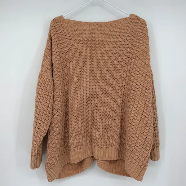 POL Womens Small Tan Chunky Knit Sweater Oversized V Neck Boho Openwork - Image 2