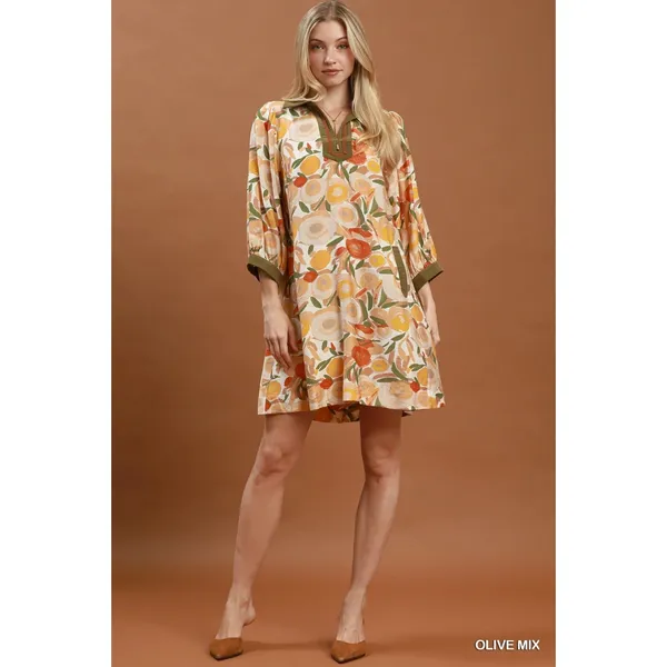 Umgee Mix Floral Contrast Trim Shift Mini Dress - Olive Mix - Medium - Image 4