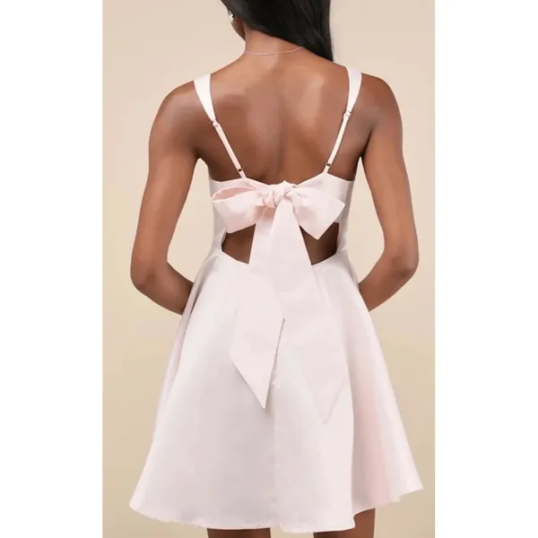 Lulus‎ Light Pink Satin Bow Mini Dress Fit Flare Sleeveless Cocktail Size Large - Image 2