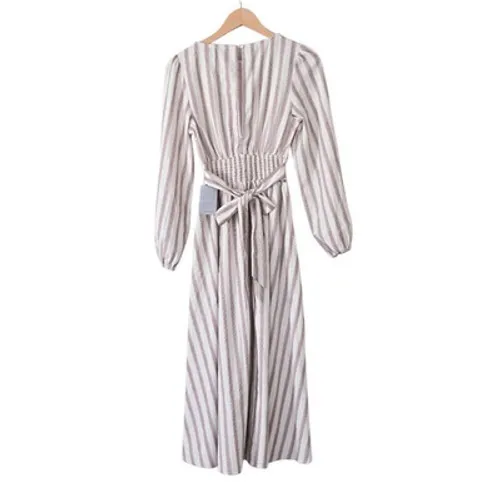 Petal & Pup Striped Smocked Waist Linen Blend Midi Dress Burgundy Neutral XL NEW - Image 3