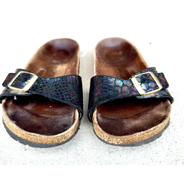 ⁠Birkenstock Madrid Black Metallic Python Snake Sandals Sz 38 Gold Buckle - Image 8