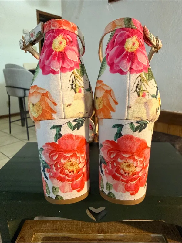 Nine West Floral Open-Toe Ankle-Strap Block Heels in Pink and Green - Image 5