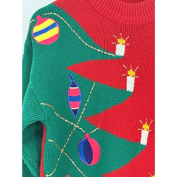 Knitworks Christmas Sweater Womens Medium Red Green Ugly Holiday Tree Vintage - Image 3