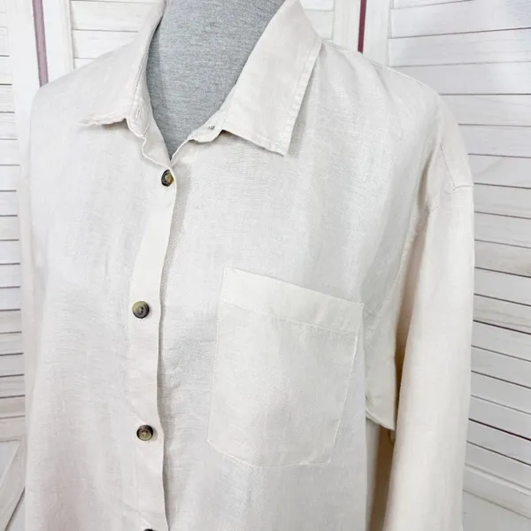 H&M Home Linen Button Up Shirt Dress Beige‎ Tan Medium Long Sleeve Beach - Image 5