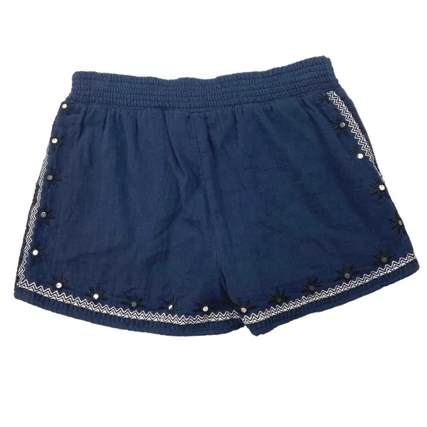 Miami Navy Blue Embroidered Sequin Rhinestone Floral Print Cotton Shorts Size S - Image 2