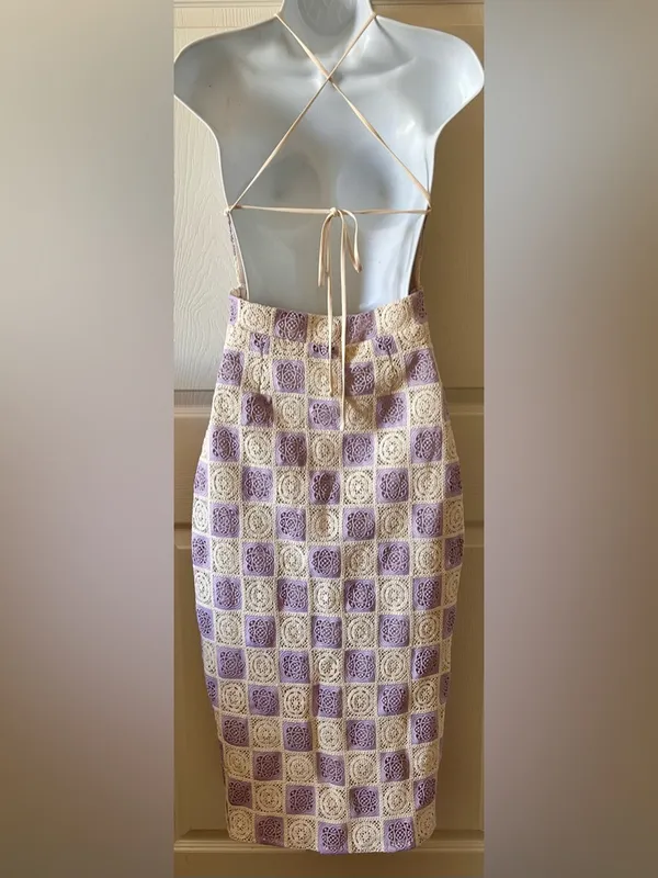 Anthropologie FORE‎ COLLECTION Lilac/Cream Checkered Crochet Halter Dress Autumn Wedding Guest - Image 3