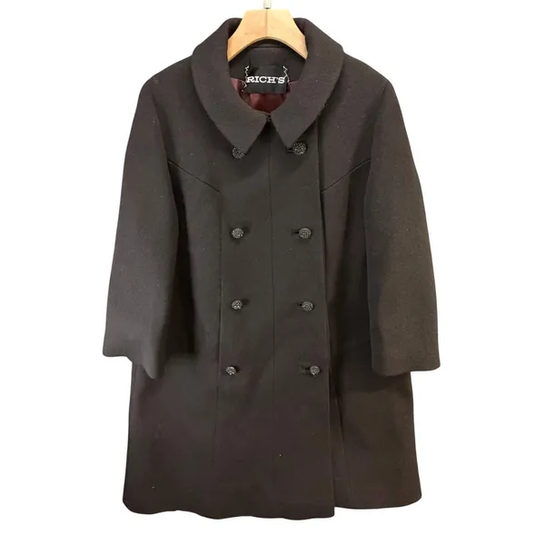 Vintage 60s Rich's Coat M-L Chocolate Brown Double Breasted Mod Peter Pan Collar - Image 3