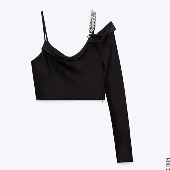 NWT Zara Woman Satin Effect Asymmetric Chain Top Black Top Size M Blogger Fave - Image 5