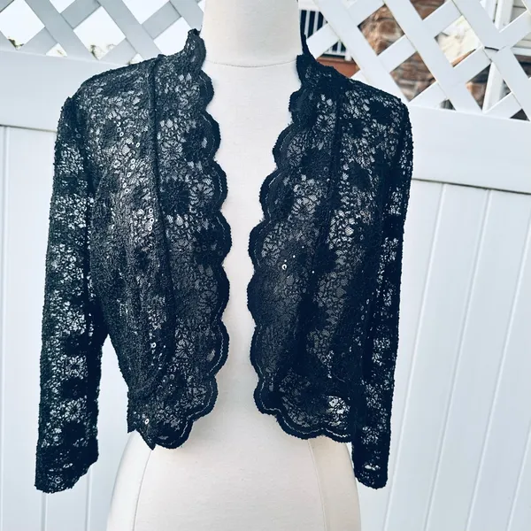 R & M Richards Scalloped Sequin Lace Black Bolero - Image 7