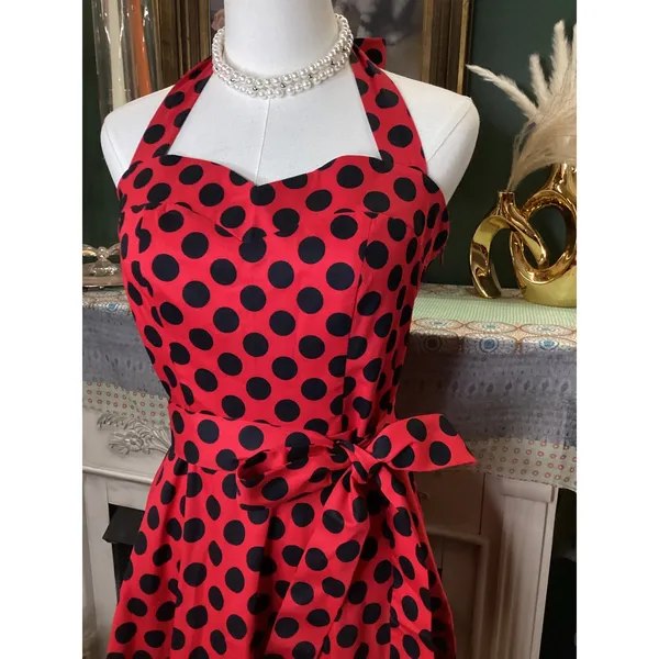Topdress Red Black Polka Dot Halter Rockabilly Swing Dress Medium - Image 2