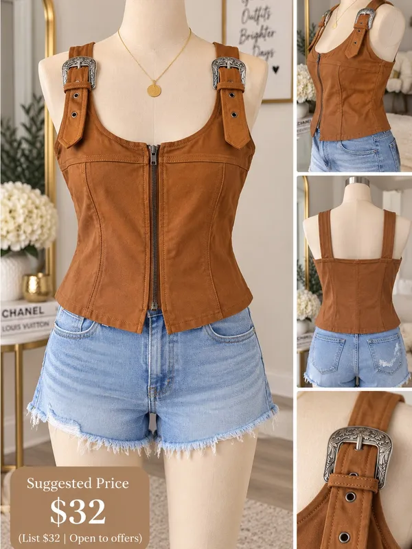 & Other Stories Tan Faux-Suede Buckle Zip Cami - Image 2
