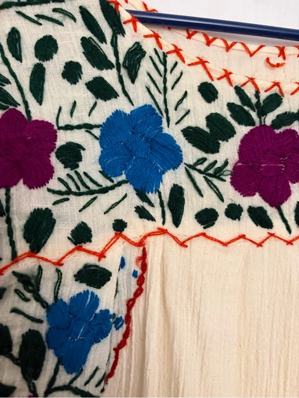 Mexican Hand Embroidered Dress Ivory Floral San Antonino Artisanal Boho(A852) - Image 4