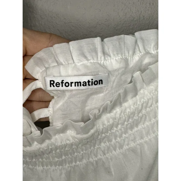 Reformation Cami Top Women Large White Ruffle Smocked Open Back Organic Cotton - Image 3