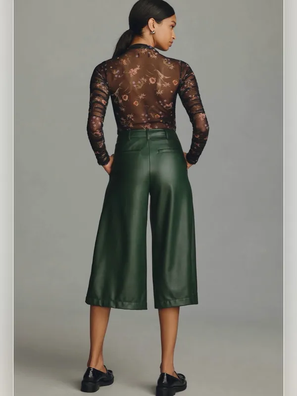 By Anthropologie Faux Leather Culottes Dark Green Sz.4‎ NWT - Image 3